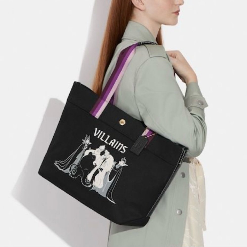 COACH Villains Black Canvas Tote Bag with Purple Accents